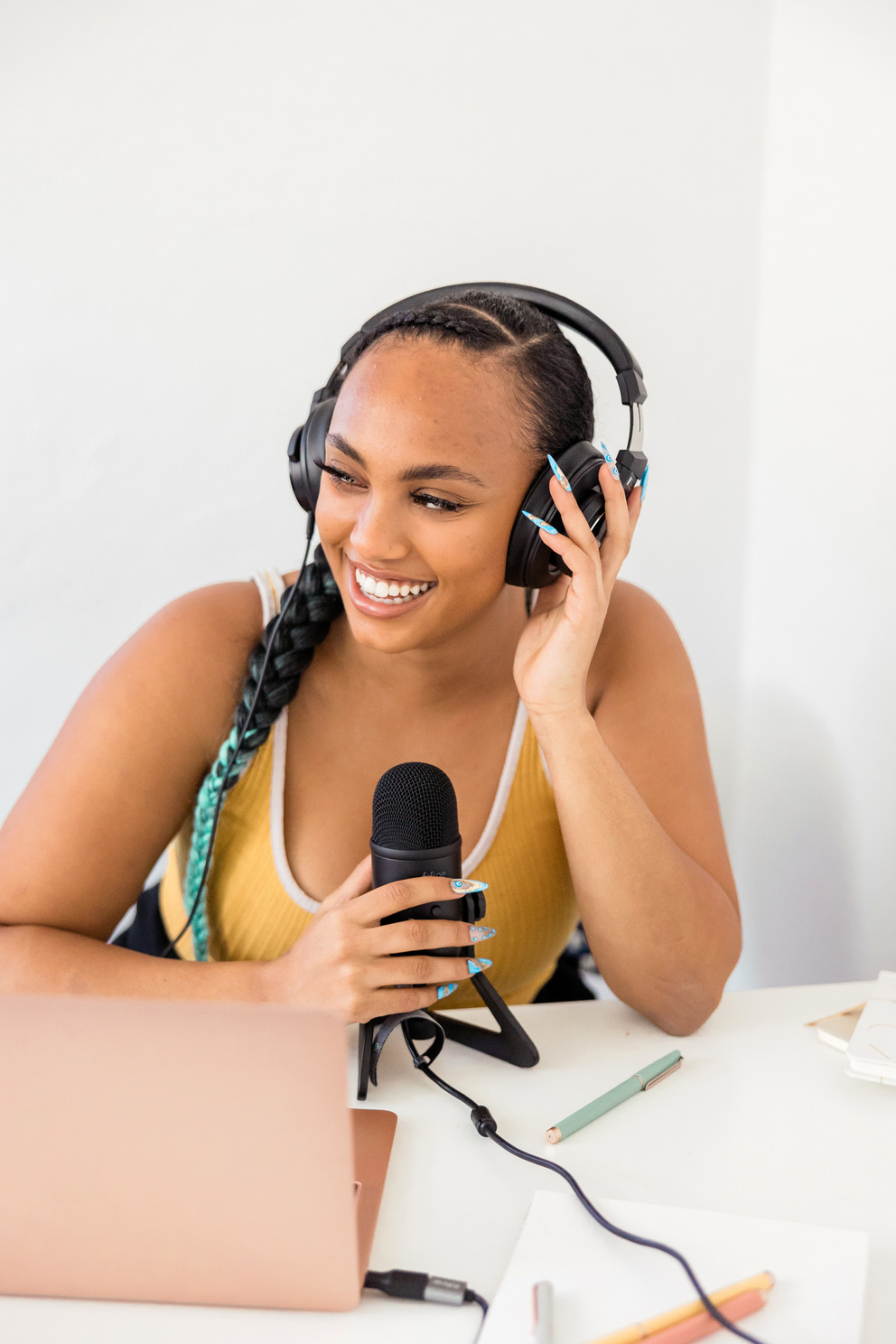 Woman Recording a Podcast
